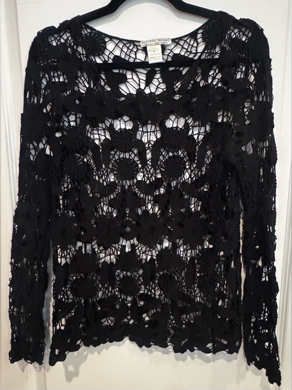 ALBERTO MAKALI Black Open Crochet Cotton Boho Sweater L